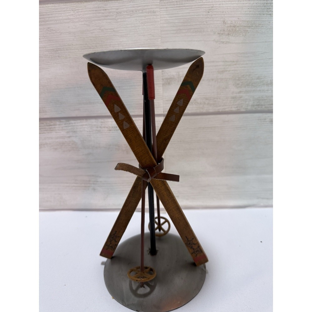 Wood Metal Skiis & Poles Candle Holder Cabin Lodge Snow Cannon Falls